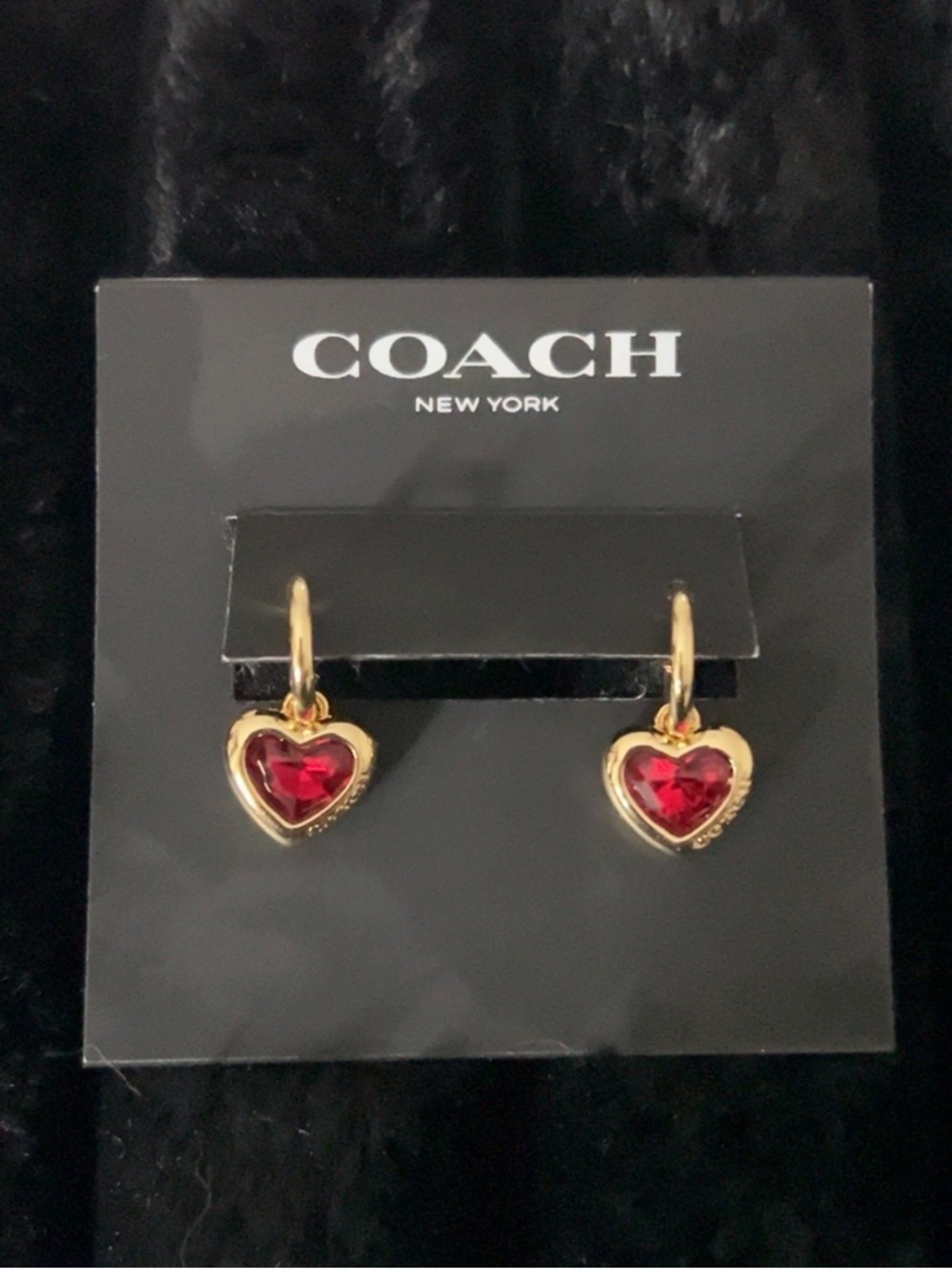Coach Gold Heart Hoop Earrings with Red Crystal Charms